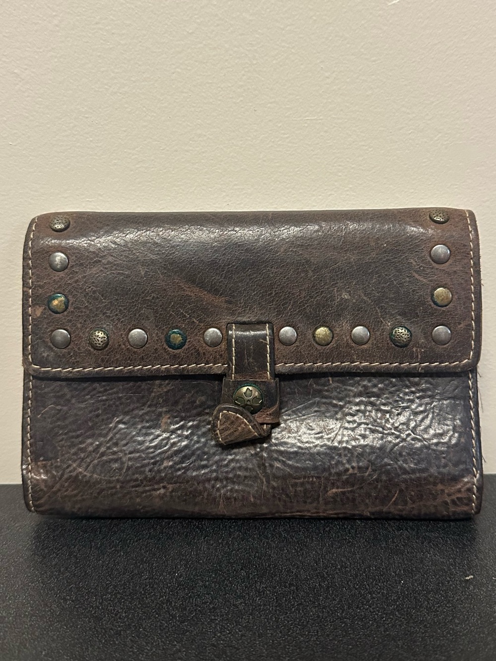 Patricia Nash Brown Italian Leather Wallet Clutch Purse Tri-Fold Button Closure